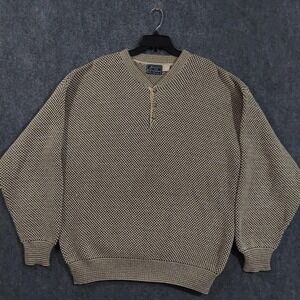 Peconic Bay Traders Sweater Mens XL Green‎ Beige Cotton Henley Pullover USA